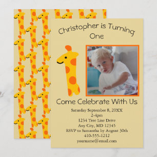 Invitation Photo Giraffe Orange et Jaune 1er anniversaire