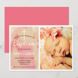 Invitation Photo Girl Baptême, Aquarelle rose et or