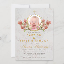 Invitation Photo Girl Baptême rose Magnolia Premier anniversa