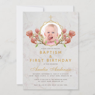 Invitation Photo Girl Baptême rose Magnolia Premier anniversa
