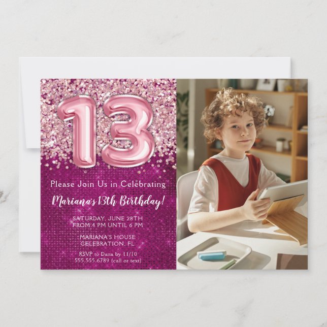 Invitation Photo Girl Magenta Parties scintillant rose 13e an (Devant)