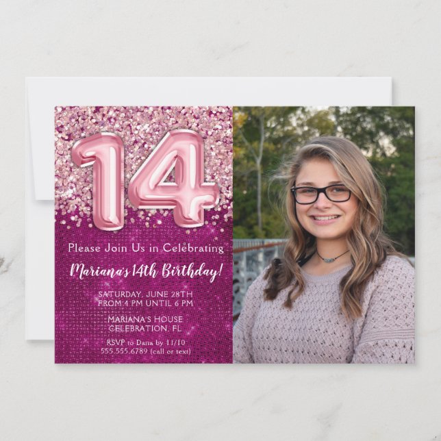 Invitation Photo Girl Magenta Parties scintillant rose 14e an (Devant)