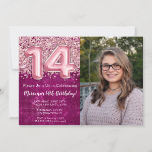 Invitation Photo Girl Magenta Parties scintillant rose 14e an