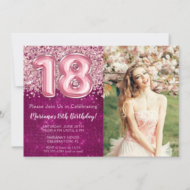 Invitation Photo Girl Magenta Pink Parties scintillant 18e an (Devant)