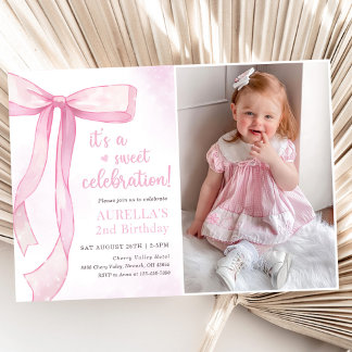 Invitation Photo Girl Pink Bow 2e anniversaire