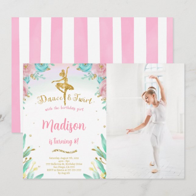 Invitation photo Gold et Green Ballerina (Devant / Derrière)