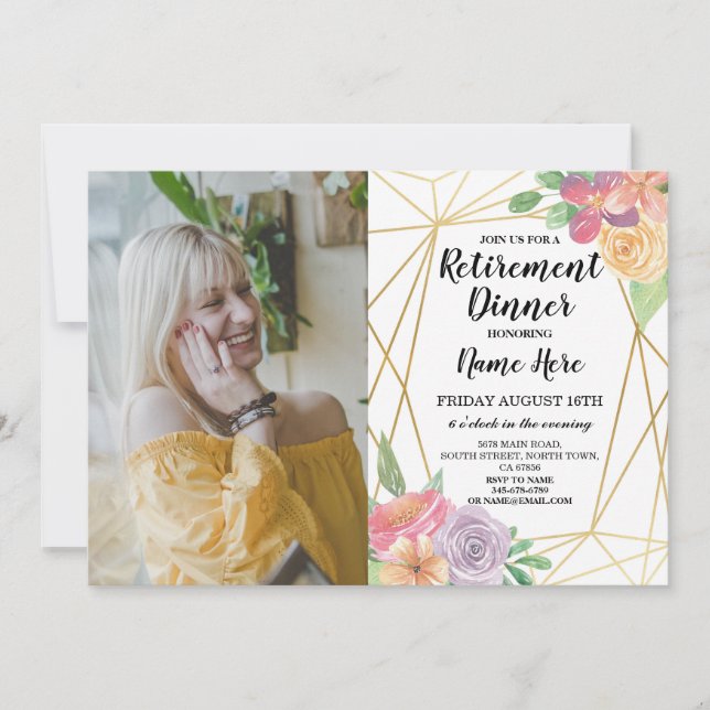 Invitation Photo Gold Frame Flowers Retraite (Devant)