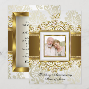 Invitation Photo Gold & Pearl Swirl Damask 50th Anniversary