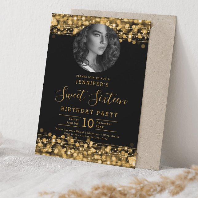 Invitation PHOTO Gold Sparkles Sweet 16 Anniversaire (PHOTO Gold Sparkles Sweet 16 Birthday Party Invitation)