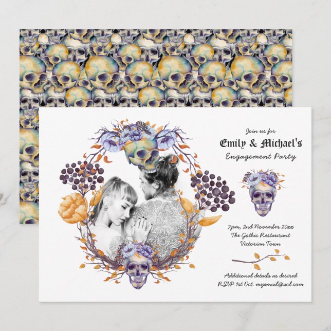 Invitation PHOTO gothique Mariage/Fiançailles crâne violet (Devant / Derrière)