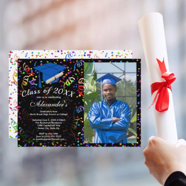 Invitation Photo Graduation Blue Casquette Confetti Classe de (Photo Graduation Blue Cap Confetti Class of Party Invitation)
