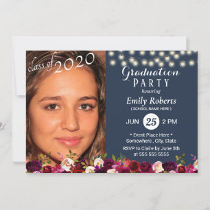 Invitation Photo Graduation Burgundy Rouge Floral Marine Bleu
