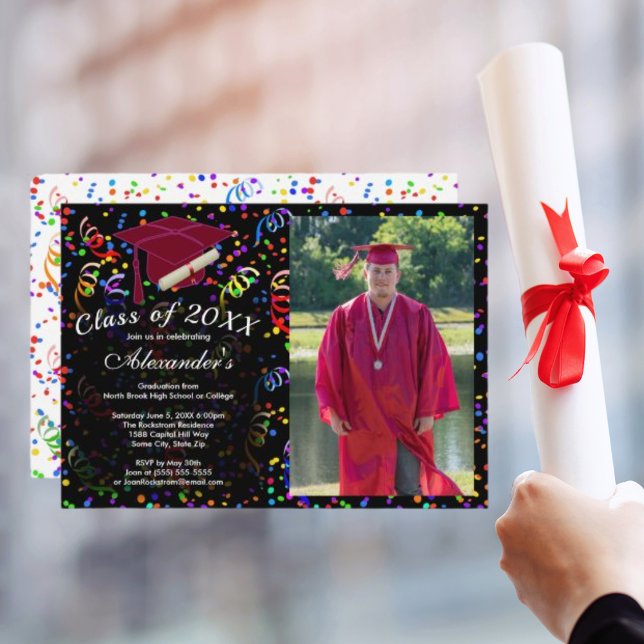 Invitation Photo Graduation Casquette rouge Confetti Classe 2 (Photo Graduation Red Cap Confetti Class 20XX Party Invitation)