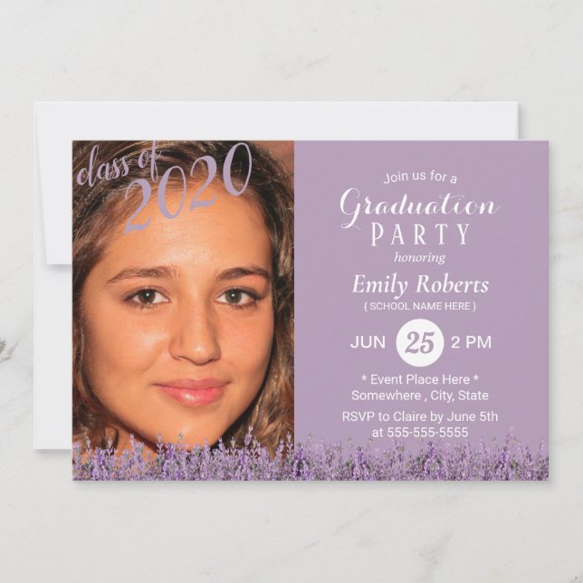 Invitation Photo Graduation Classy Lavender Floral Purple (Devant)