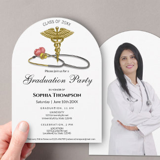 Invitation Photo Graduation Gold Caduceus Stethoscope Arch
