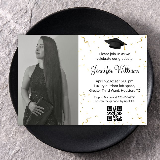 Invitation photo graduation party qr code confetti minimal (Créateur téléchargé)