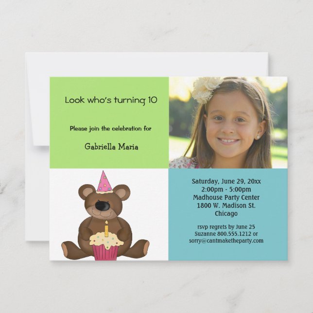 Invitation Photo Green And Blue Teddy Bear (Devant)