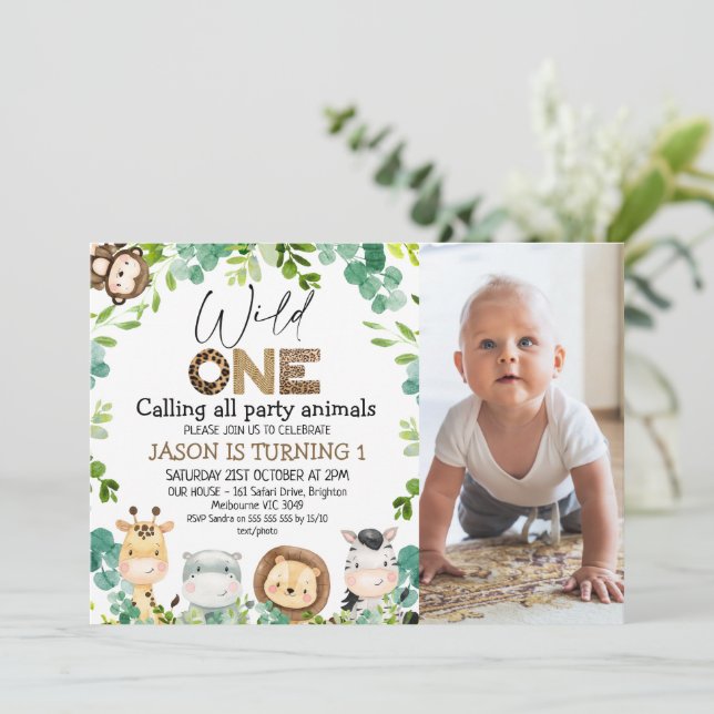 Invitation Photo Green Animaux Safari Wild Un 1er anniversair (Debout devant)