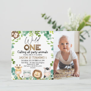 Invitation Photo Green Animaux Safari Wild Un 1er anniversair