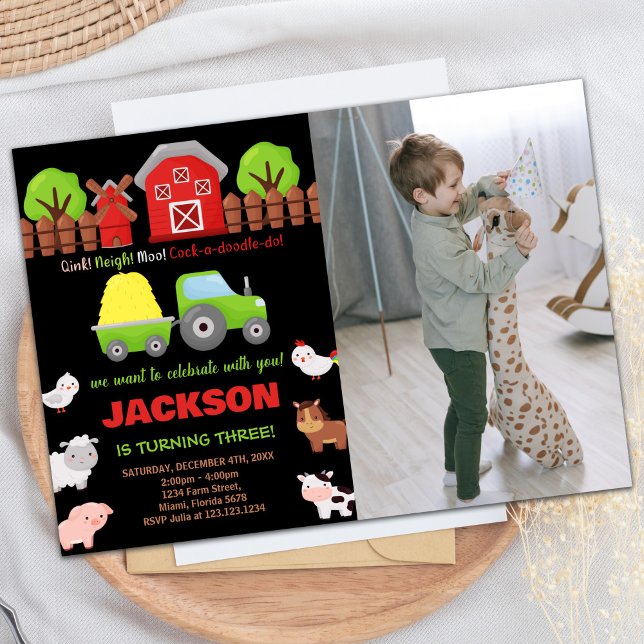 Invitation Photo Green Black Red Farm Animaux Anniversaire (Photo Green Black Red Farm Animals Birthday Invitation)