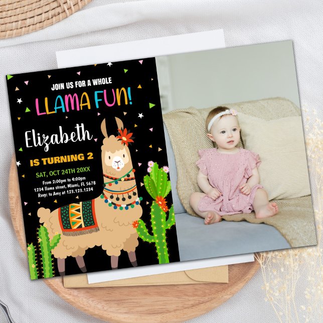 Invitation Photo Green Brown Llama Fun Llama Anniversaire (Photo Green Brown Llama Fun Llama Birthday Invitation)
