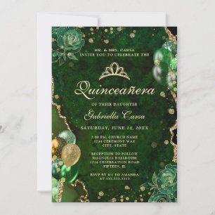 Invitation Photo Green Gold Floral Agate Quinceanera