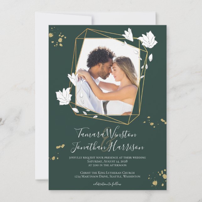 Invitation Photo Green Gold Line Art Floral Géométrique (Devant)