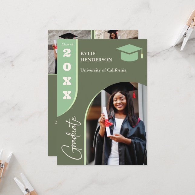 Invitation Photo Green Modern Graduation (Devant/Arrière en situation)