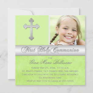 Invitation photo Green Silver First Holy Communion