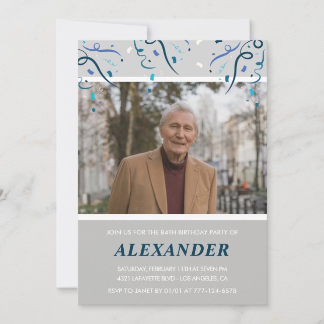 Invitation Photo Grey pour lui Confetti 84e anniversaire (Devant)