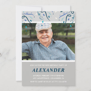 Invitation Photo Gris pour lui Confetti 98e anniversaire