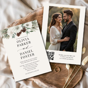 Invitation Photo hiver à feuillage persistant QR Code Mariage