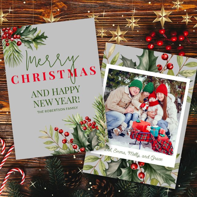 Invitation Photo Holly Pine Red Berries Grey Christmas Card (Créateur téléchargé)