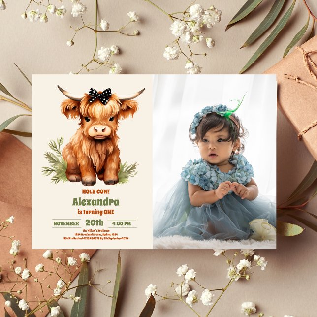 Invitation Photo Holy Cow Highland 1er First Birday (Créateur téléchargé)