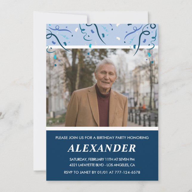 Invitation Photo Homme Marine Blue 84e anniversaire (Devant)
