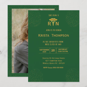 Invitation Photo Infirmière inscrite Graduation Green Gold In