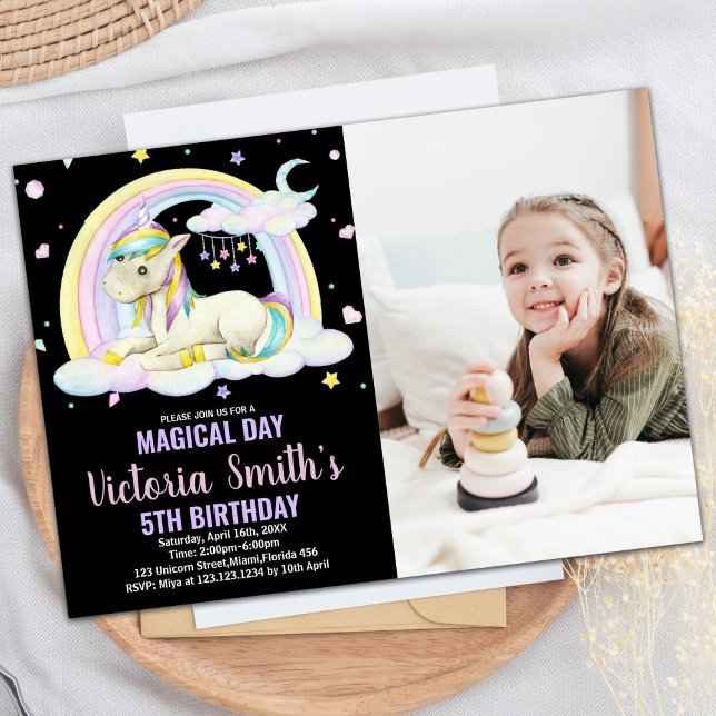 Invitation Photo jaune floral noir licorne Anniversaire (Yellow Floral Black Photo Unicorn Birthday Invitation)