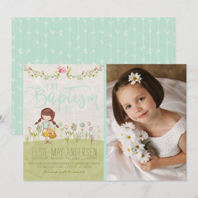 INVITATION PHOTO LDS BAPTISM | Jolie fille florale (Devant / Derrière)