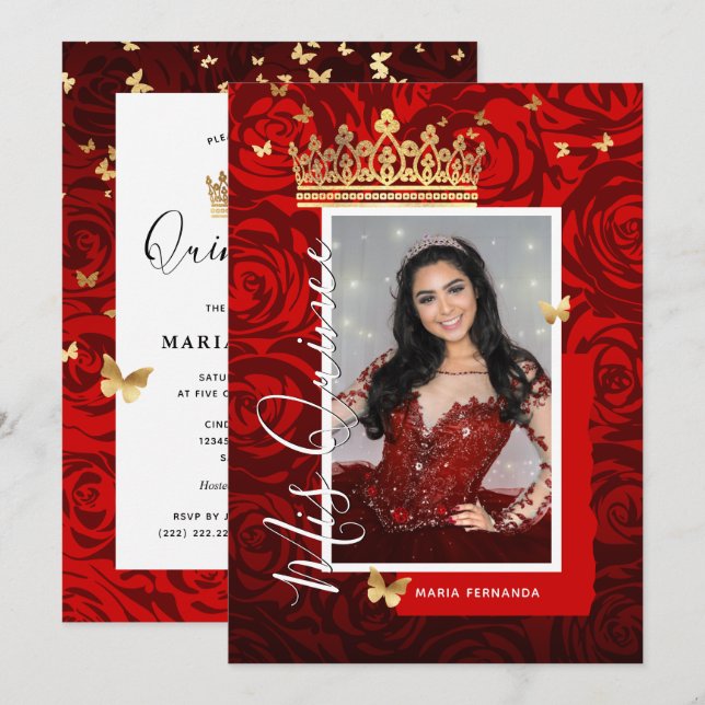 Invitation Photo légendaire de Quinceanera, Black Gold (Devant / Derrière)