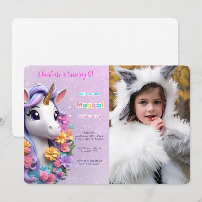 Invitation Photo Licorne Anniversaire 6 ans (Devant / Derrière)