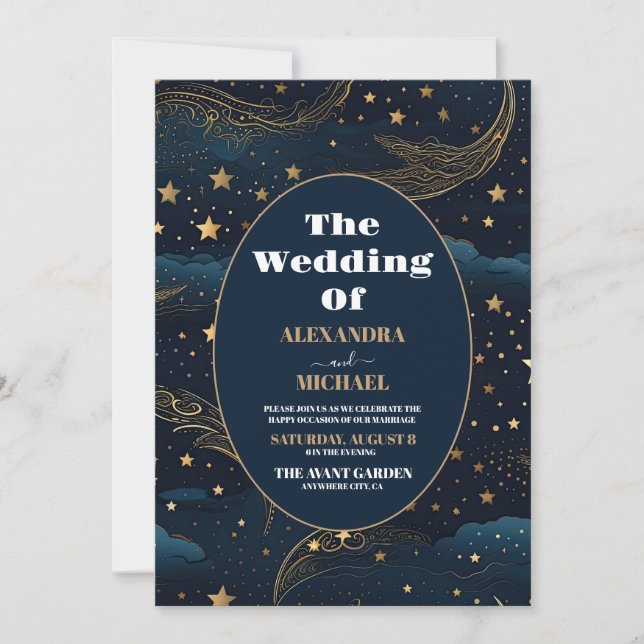 Invitation Photo Lune Croissante Céleste Mariage Or (Devant)