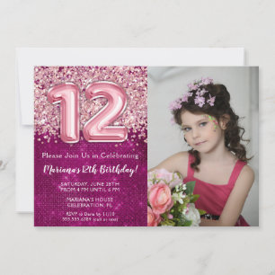 Invitation Photo Magenta Parties scintillant rose 12e fête d'