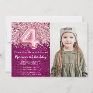 Invitation Photo Magenta Pink Parties scintillant 4e annivers