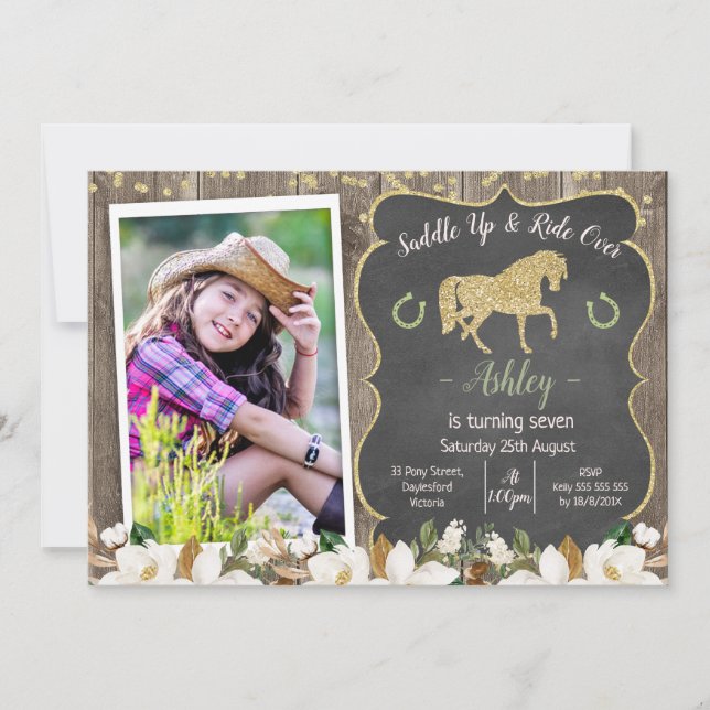 Invitation Photo Magnolia Floral Parties scintillant Cheval A (Devant)