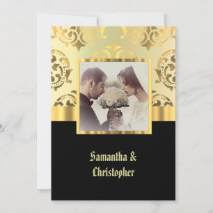 Invitation photo mariage damassé en noir et or