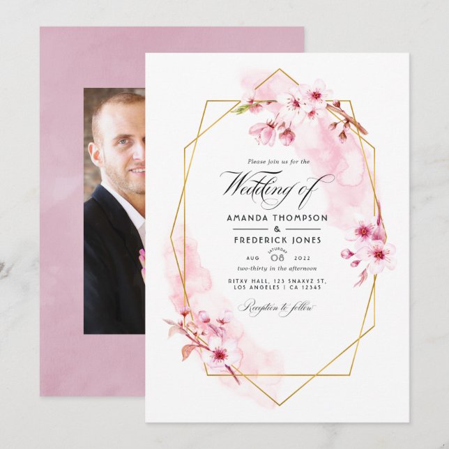 Invitation Photo Mariage de fleurs de cerisier rose géométriq (Devant / Derrière)