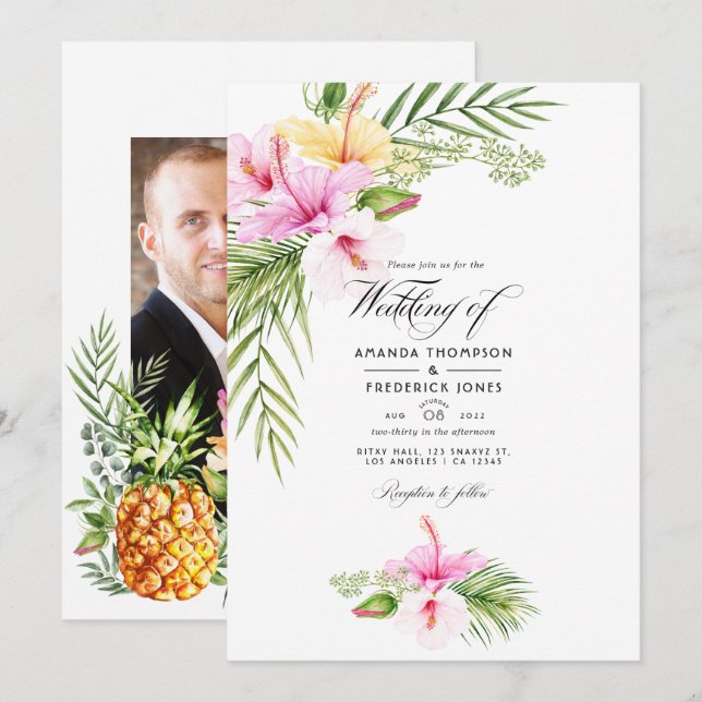Invitation Photo Mariage de l'Aloha floral tropical (Devant / Derrière)