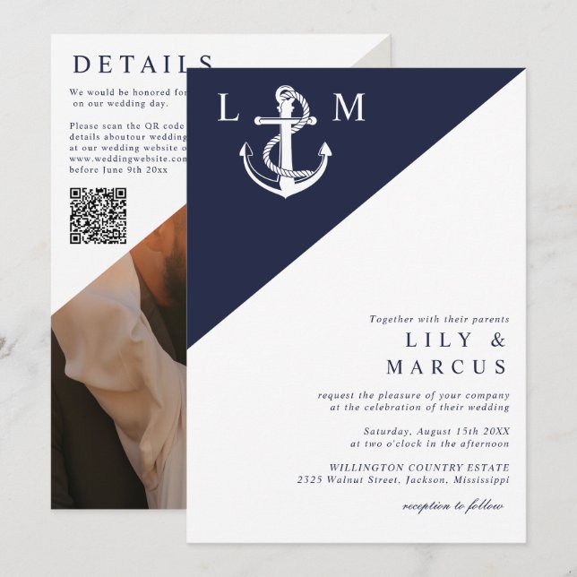 Invitation Photo Mariage du Monogramme marin bleu marine Code (Devant / Derrière)