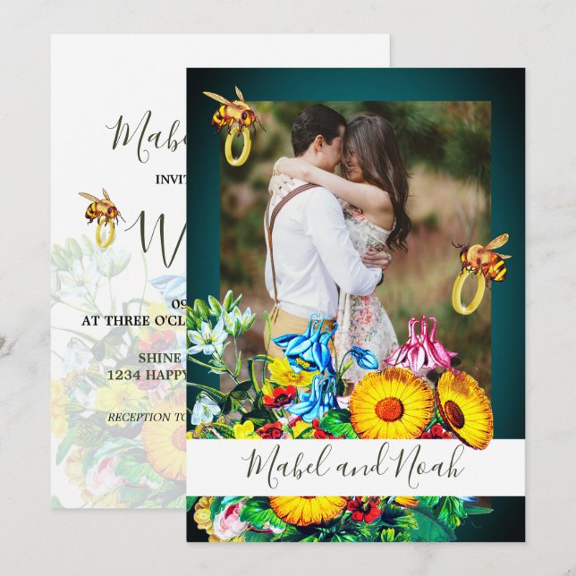 Invitation Photo mariage Floral Bees Emerald Gold Eco (Devant / Derrière)