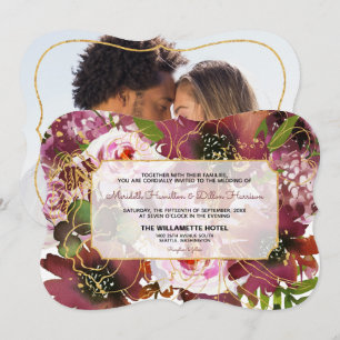 Invitation Photo Mariage Floral Élégant Bourgogne Or Rose